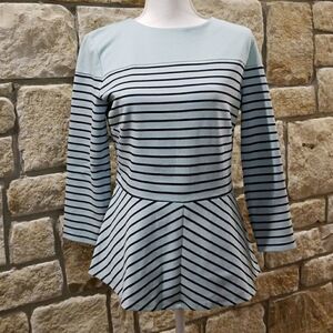 Talbots Peplum Blouse  Light Green Black Stripe Top Stretch